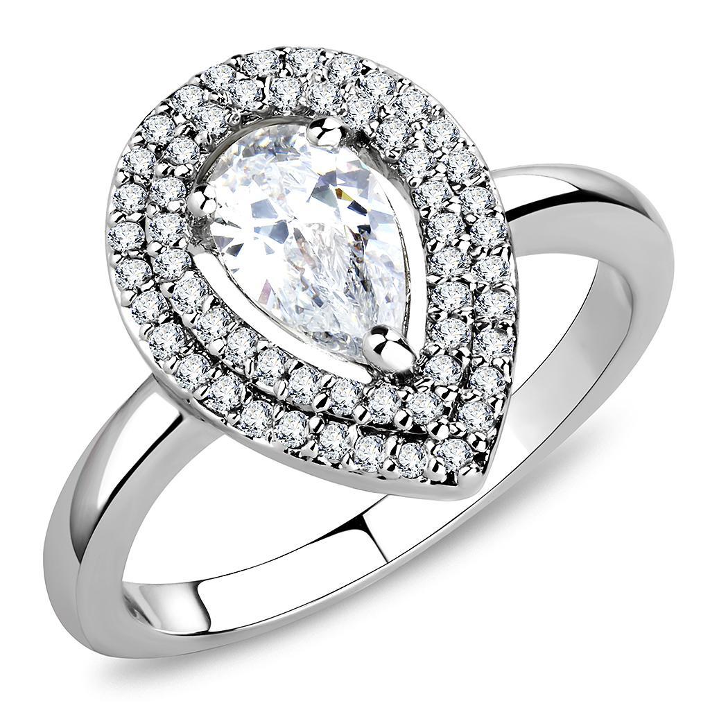 3W1453 Rhodium Brass Ring featuring a clear AAA Grade CZ stone, showcasing its elegant design and shiny finish.