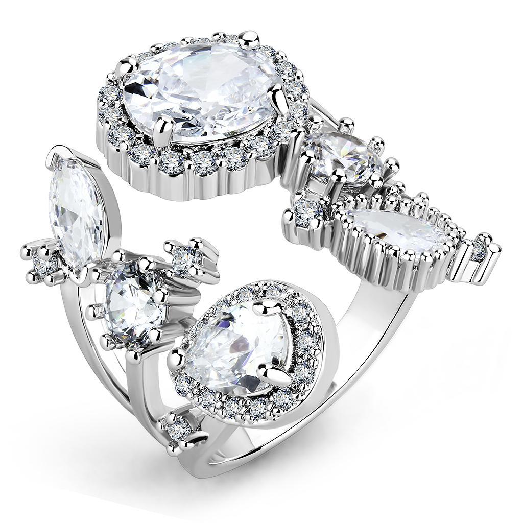 3W1454 Rhodium Brass Ring featuring a clear AAA Grade CZ stone, showcasing its elegant design and luxurious finish.