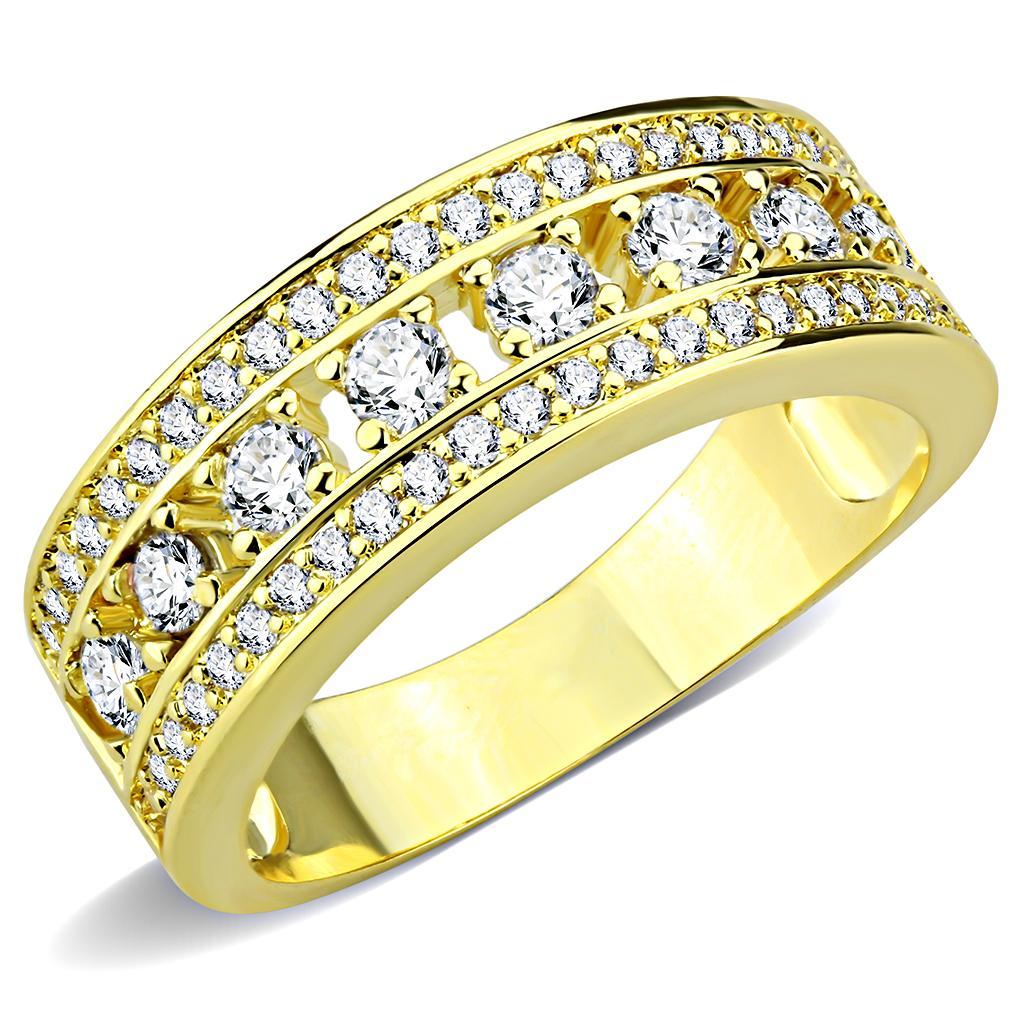 3W1459 Gold Brass Ring featuring a clear AAA Grade CZ stone, showcasing its elegant design and luxurious gold finish.