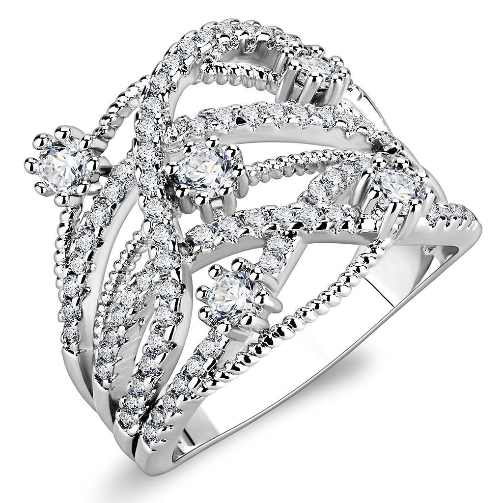 3W1463 Rhodium Brass Ring featuring a clear AAA Grade CZ stone, showcasing its elegant design and shiny finish.