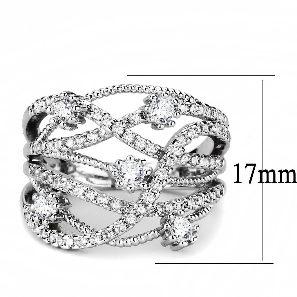 3W1463 Rhodium Brass Ring featuring a clear AAA Grade CZ stone, showcasing its elegant design and shiny finish.