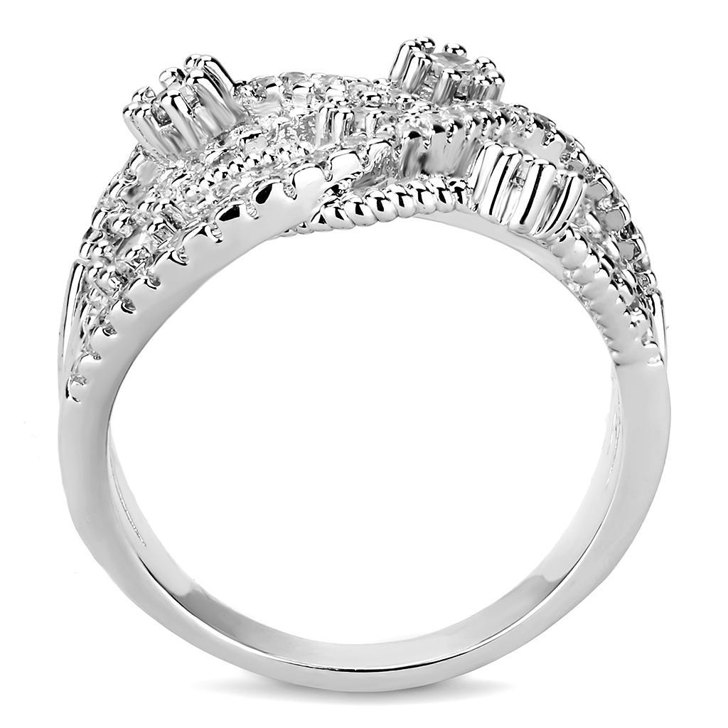 3W1463 Rhodium Brass Ring featuring a clear AAA Grade CZ stone, showcasing its elegant design and shiny finish.