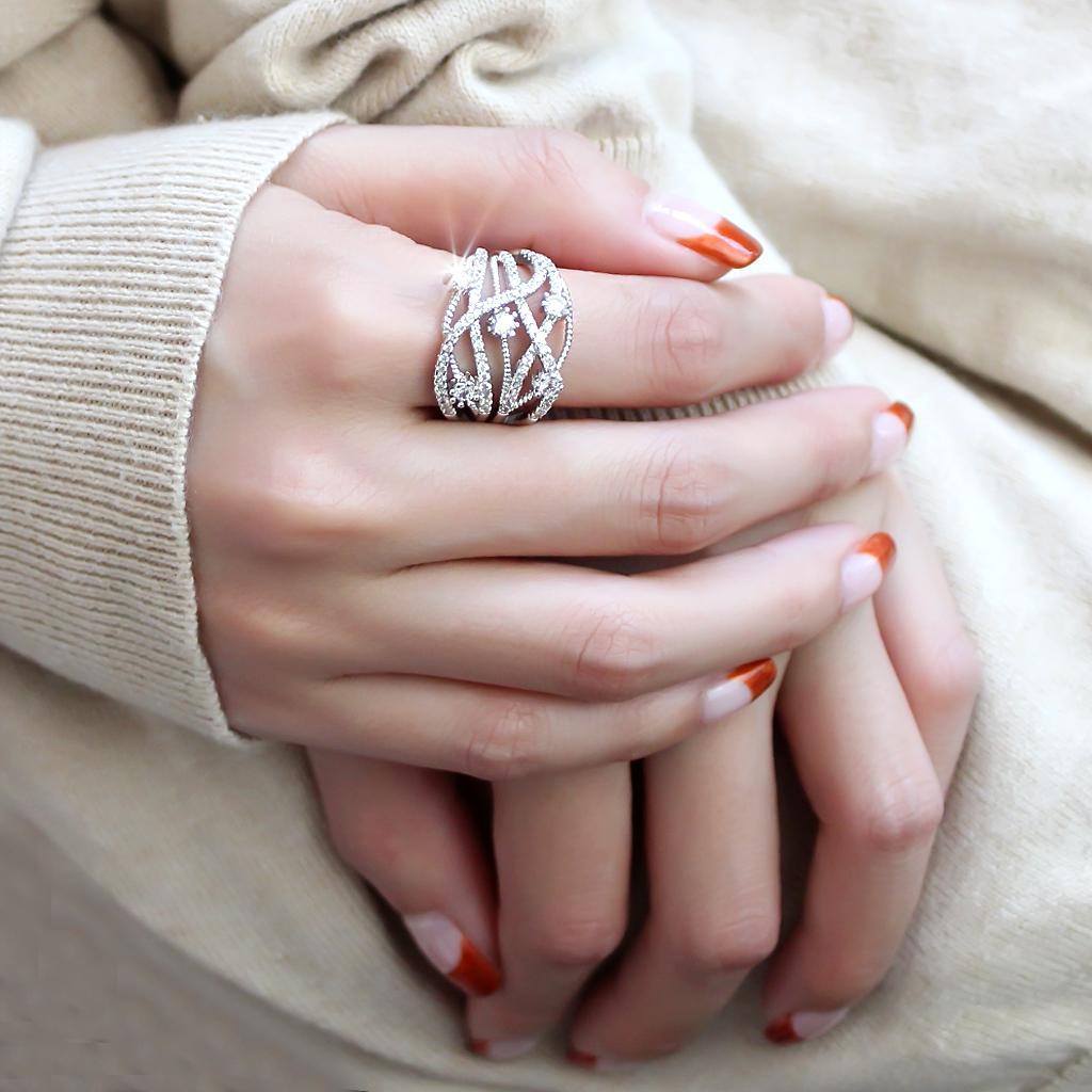 3W1463 Rhodium Brass Ring featuring a clear AAA Grade CZ stone, showcasing its elegant design and shiny finish.