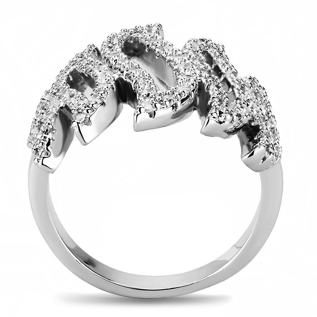 3W1467 Rhodium Brass Ring featuring a clear AAA Grade CZ stone, showcasing its elegant design and luxurious finish.