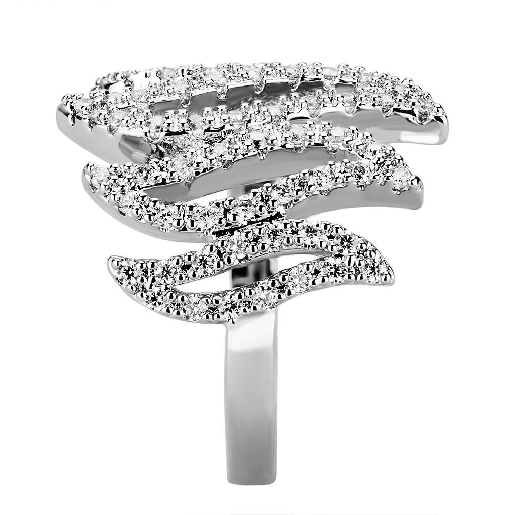 3W1467 Rhodium Brass Ring featuring a clear AAA Grade CZ stone, showcasing its elegant design and luxurious finish.