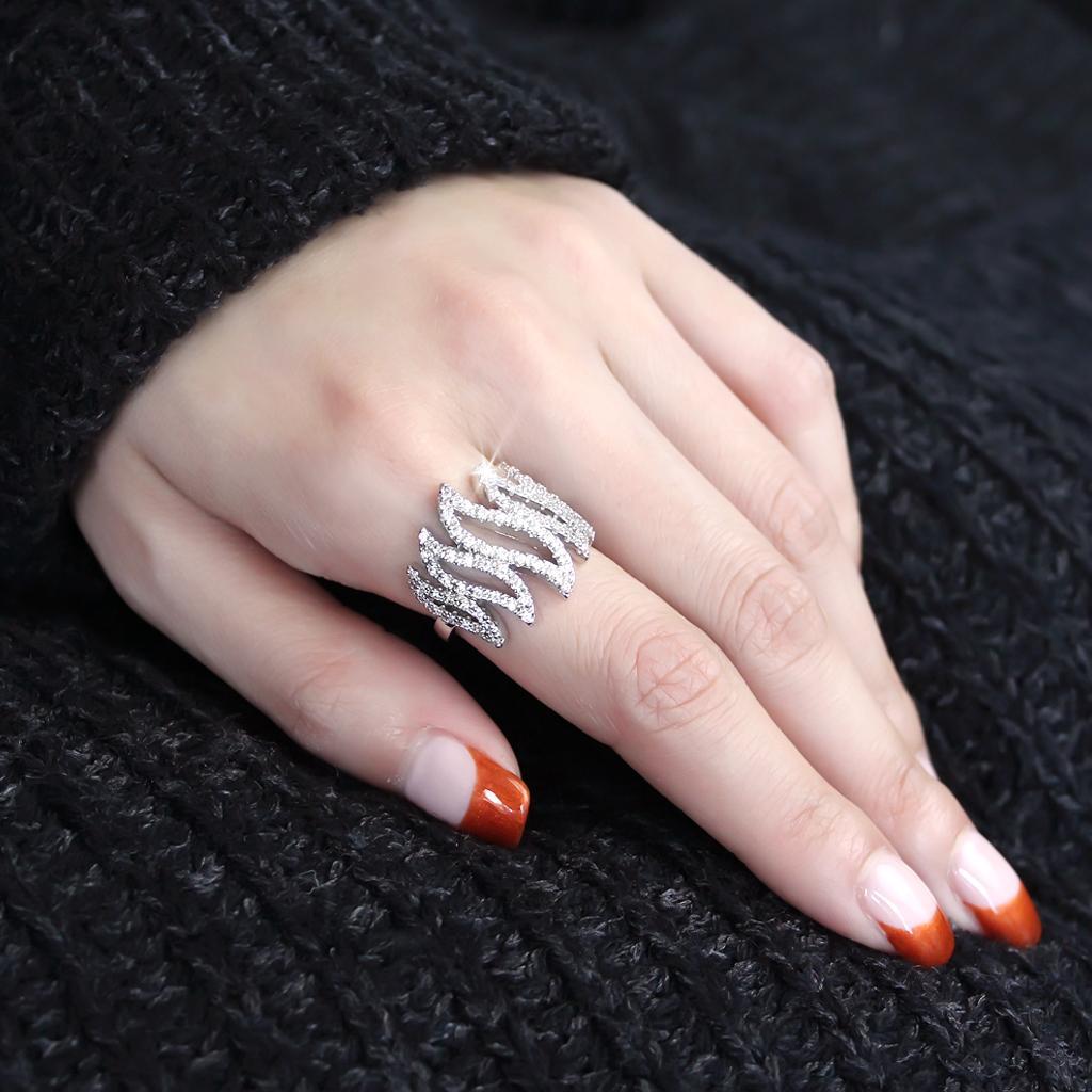 3W1467 Rhodium Brass Ring featuring a clear AAA Grade CZ stone, showcasing its elegant design and luxurious finish.