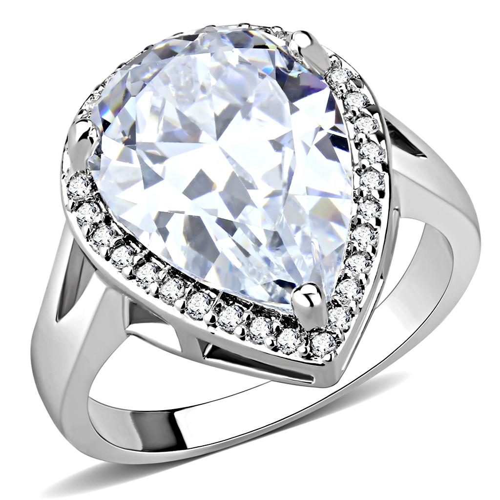 3W1469 Rhodium Brass Ring featuring a clear pear-shaped AAA Grade CZ stone, elegantly designed and plated for a luxurious finish.