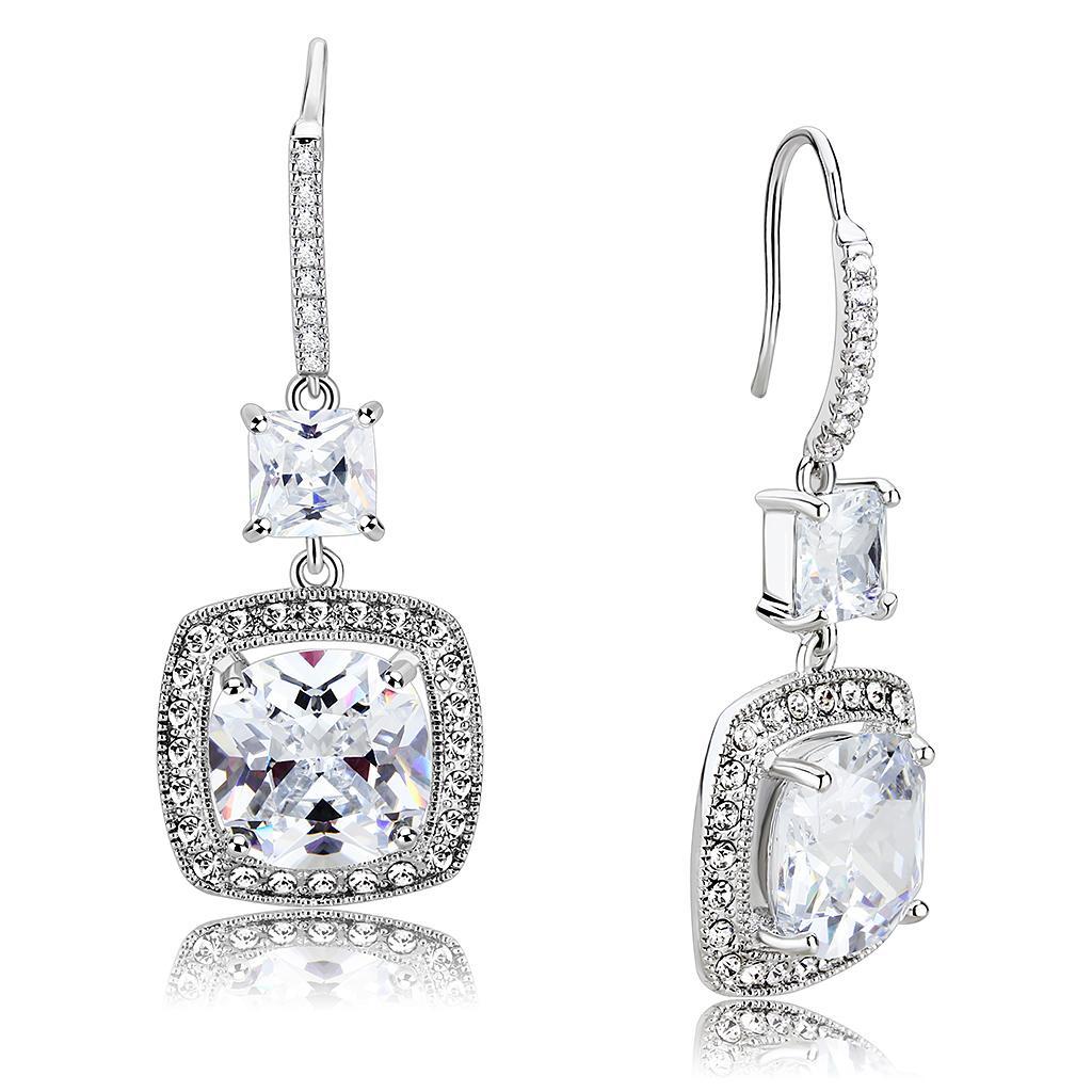 Elegant 3W1477 Rhodium Brass Earrings featuring a clear AAA Grade CZ stone, showcasing a luxurious design.