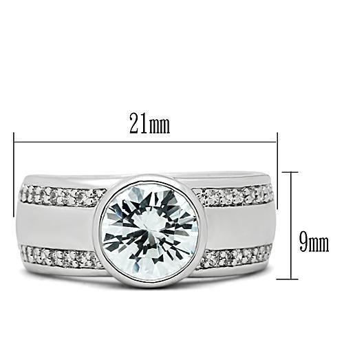 3W147 Rhodium Brass Ring featuring a clear AAA Grade CZ center stone, showcasing its elegant design and shiny finish.