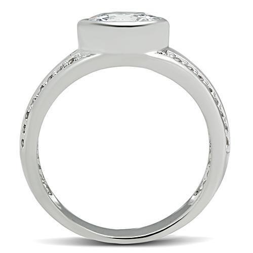 3W147 Rhodium Brass Ring featuring a clear AAA Grade CZ center stone, showcasing its elegant design and shiny finish.