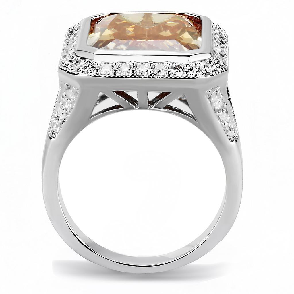 3W1471 Rhodium Brass Ring featuring AAA Grade CZ in Champagne color, showcasing its elegant design and sparkling center stone.