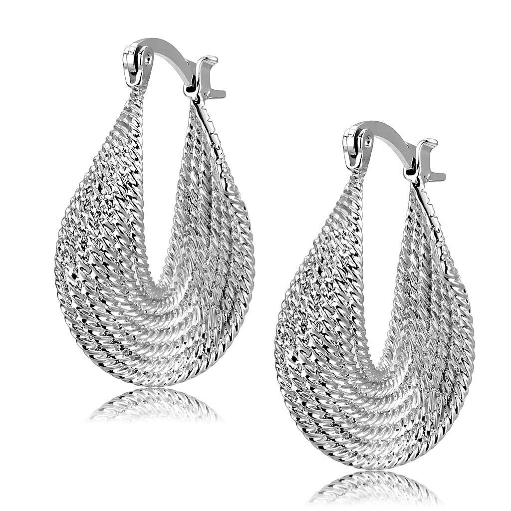 Elegant 3W1476 Rhodium Brass Earrings with a minimalist design, showcasing a shiny finish and no stones.