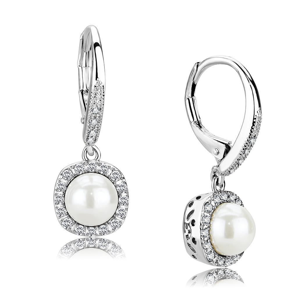 Elegant 3W1479 Rhodium Brass Earrings featuring a synthetic white pearl centerpiece, showcasing a shiny finish.