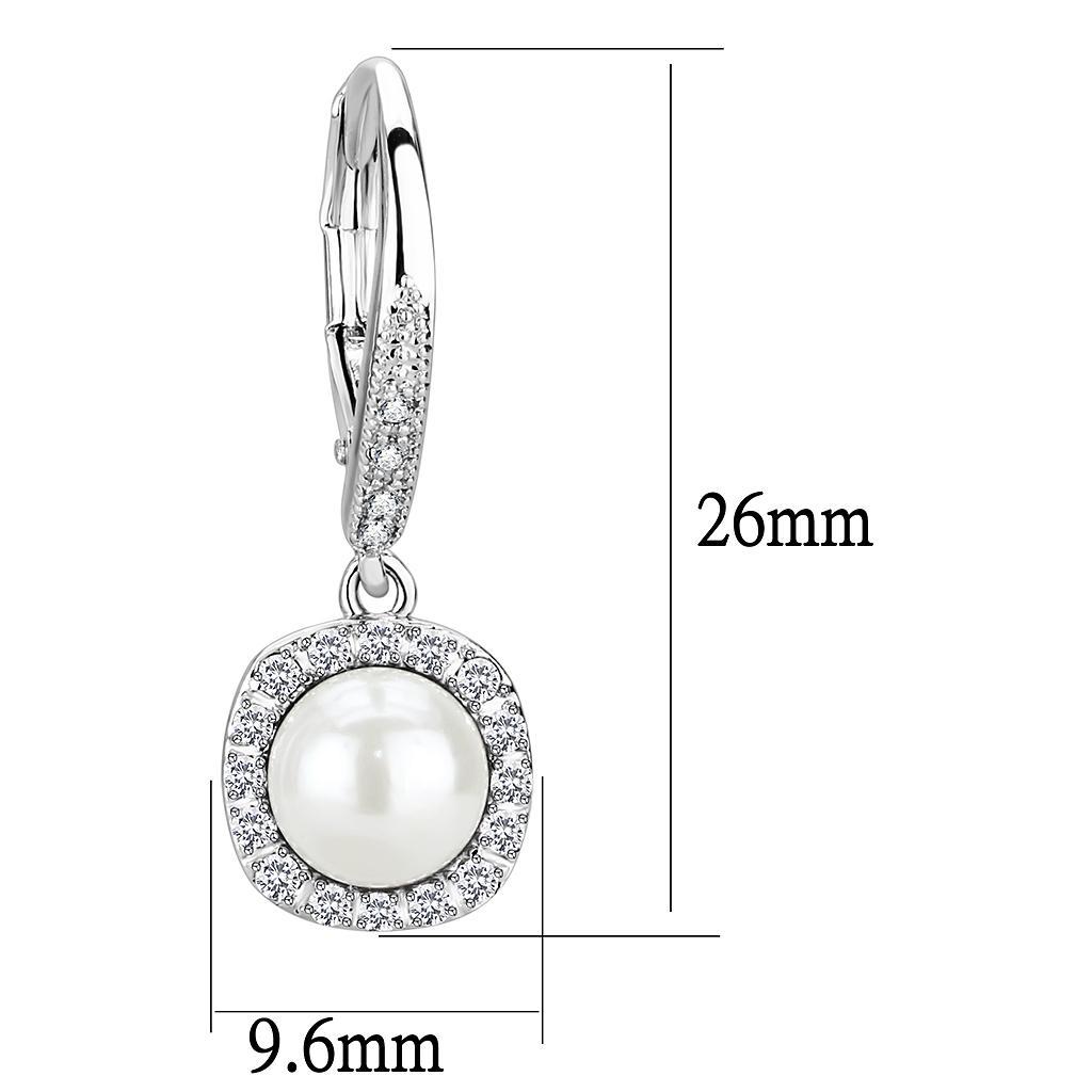 Elegant 3W1479 Rhodium Brass Earrings featuring a synthetic white pearl centerpiece, showcasing a shiny finish.