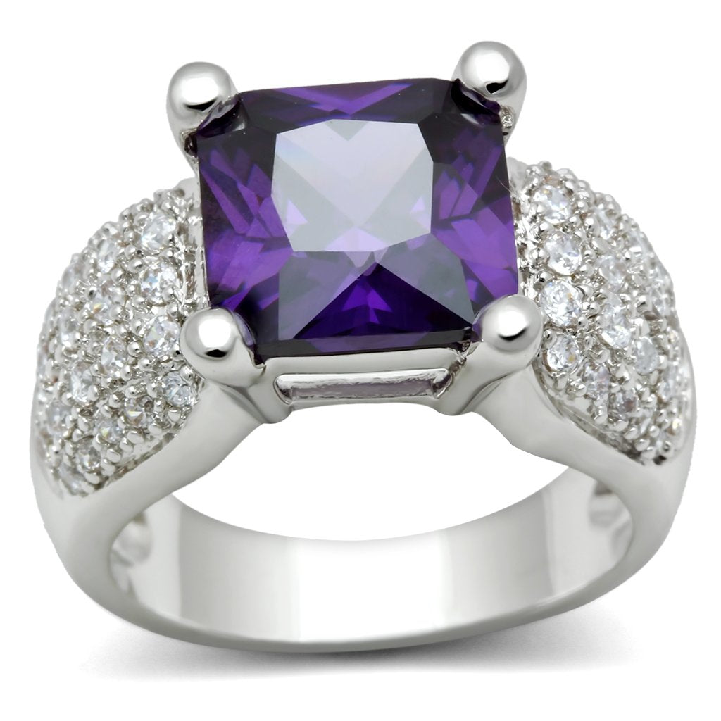 3W148 Rhodium Brass Ring featuring AAA Grade CZ in Amethyst, showcasing its elegant design and vibrant color.