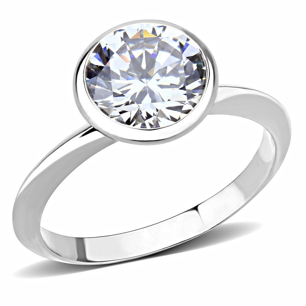 3W1487 Rhodium Brass Ring featuring an 8 mm AAA Grade CZ stone in clear, showcasing its elegant design and shiny finish.