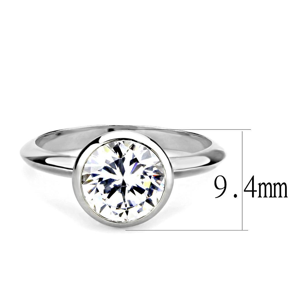 3W1487 Rhodium Brass Ring featuring an 8 mm AAA Grade CZ stone in clear, showcasing its elegant design and shiny finish.