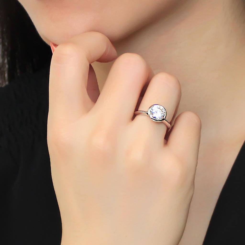 3W1487 Rhodium Brass Ring featuring an 8 mm AAA Grade CZ stone in clear, showcasing its elegant design and shiny finish.