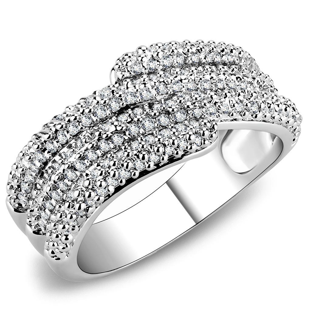 3W1449 Rhodium Brass Ring featuring a clear AAA Grade CZ stone, showcasing its elegant design and shiny finish.