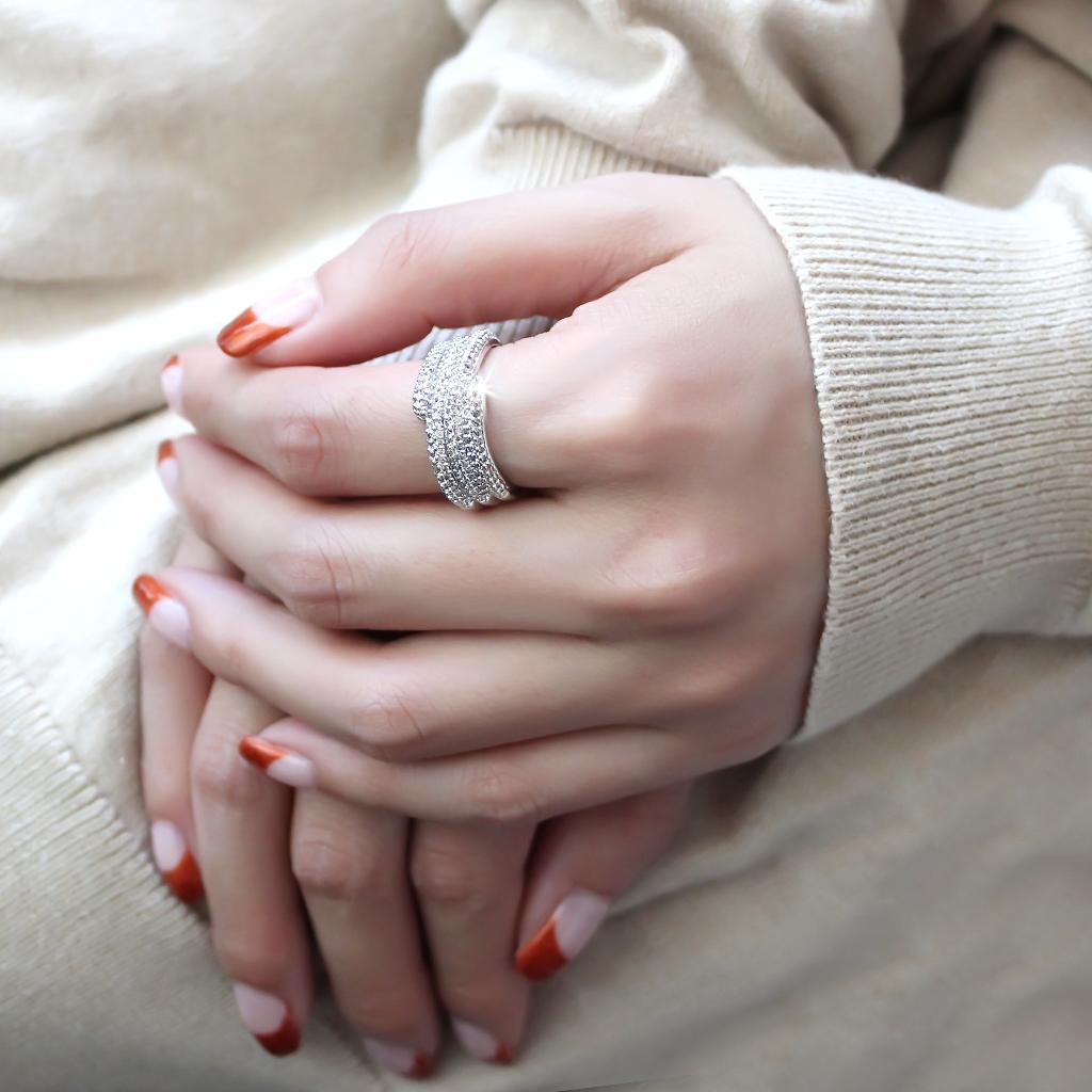 3W1449 Rhodium Brass Ring featuring a clear AAA Grade CZ stone, showcasing its elegant design and shiny finish.