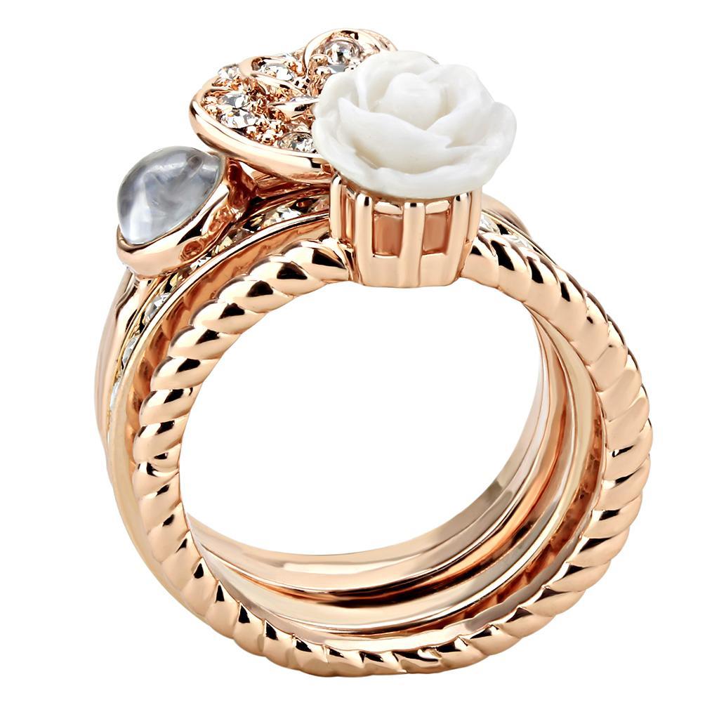 3W1490 Rose Gold Brass Ring featuring a white synthetic stone, elegantly designed for modern fashion.