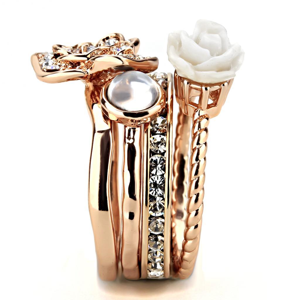 3W1490 Rose Gold Brass Ring featuring a white synthetic stone, elegantly designed for modern fashion.