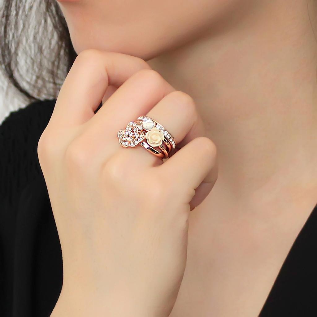 3W1490 Rose Gold Brass Ring featuring a white synthetic stone, elegantly designed for modern fashion.