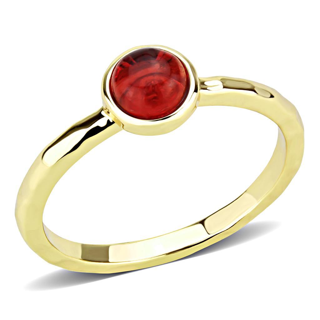 3W1496 Gold Brass Ring featuring a synthetic garnet glass stone, elegantly designed with a gold finish.