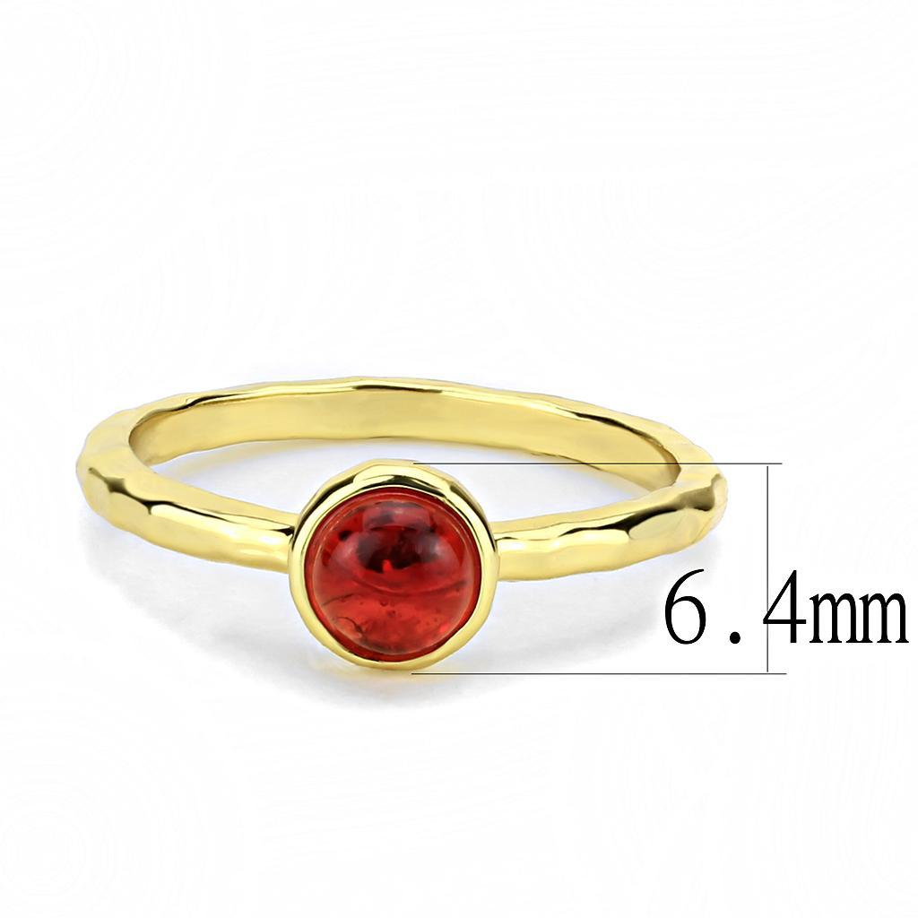 3W1496 Gold Brass Ring featuring a synthetic garnet glass stone, elegantly designed with a gold finish.