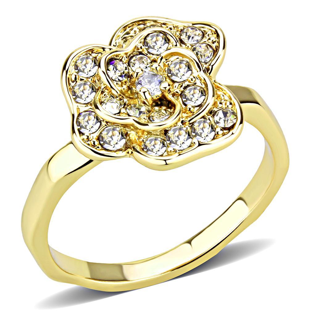 3W1497 Gold Brass Ring featuring a clear top grade crystal, showcasing its elegant design and luxurious finish.