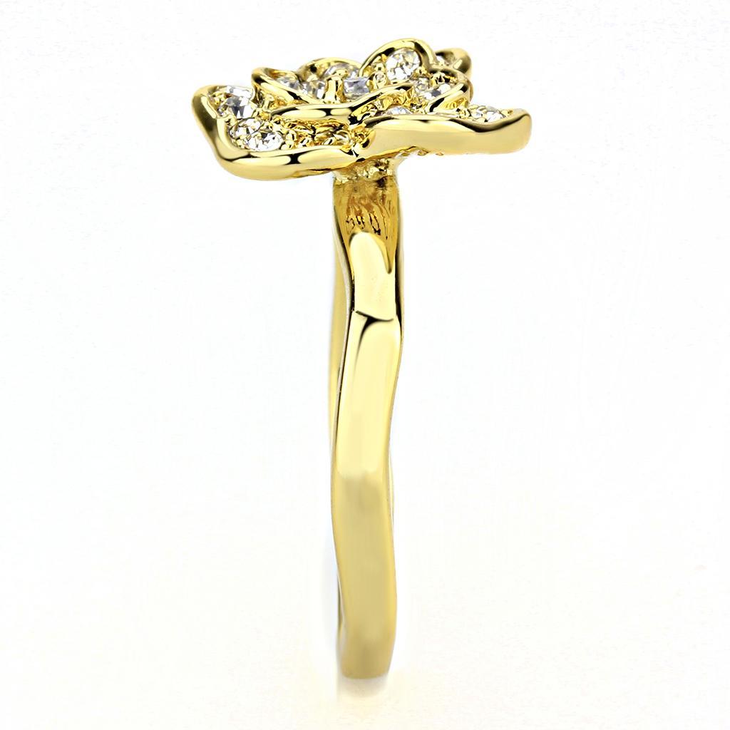 3W1497 Gold Brass Ring featuring a clear top grade crystal, showcasing its elegant design and luxurious finish.