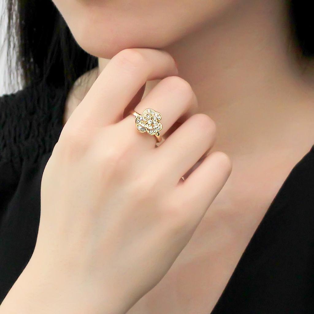 3W1497 Gold Brass Ring featuring a clear top grade crystal, showcasing its elegant design and luxurious finish.