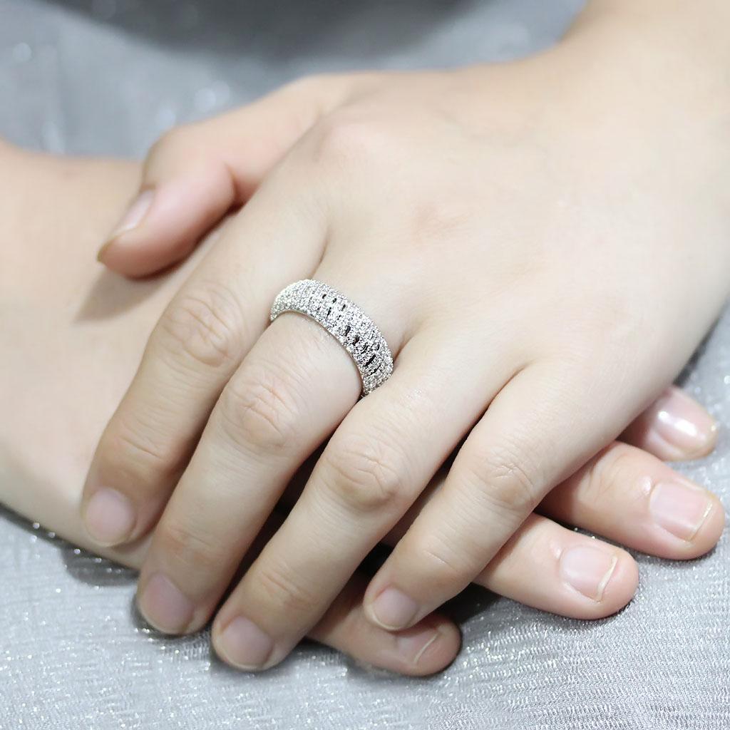 3W1550 Rhodium Brass Ring featuring a clear AAA Grade CZ stone, showcasing its elegant design and luxurious finish.