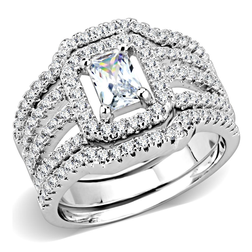 3W1503 Rhodium Brass Ring featuring a clear AAA Grade CZ stone, showcasing its elegant design and shiny finish.