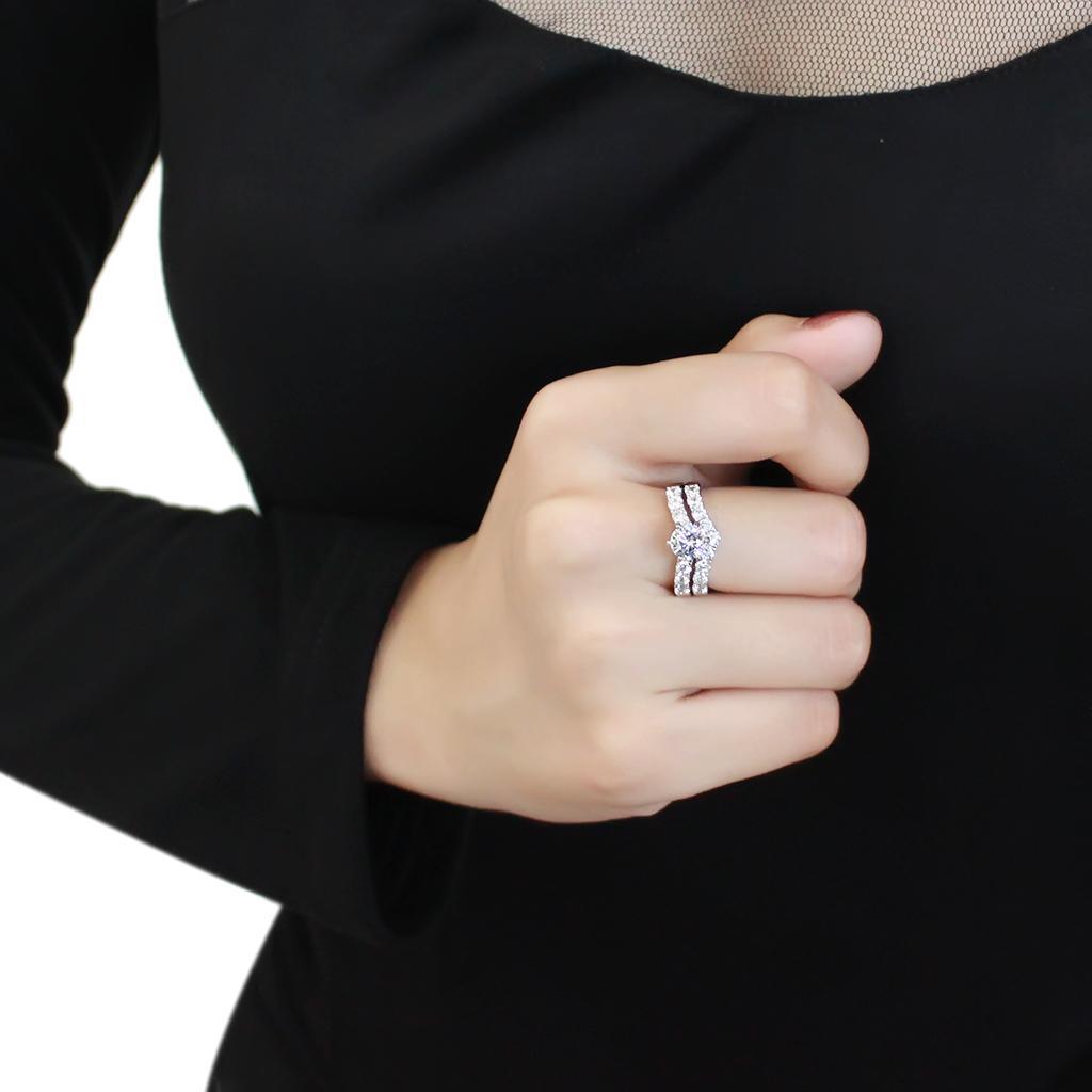 3W1513 Rhodium Brass Ring featuring a clear AAA Grade CZ stone, showcasing its elegant design and shiny finish.