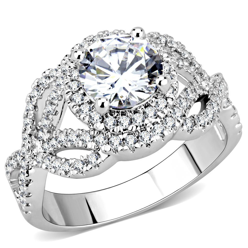 3W1519 Rhodium Brass Ring featuring a clear AAA Grade CZ stone, elegantly designed with a shiny finish.