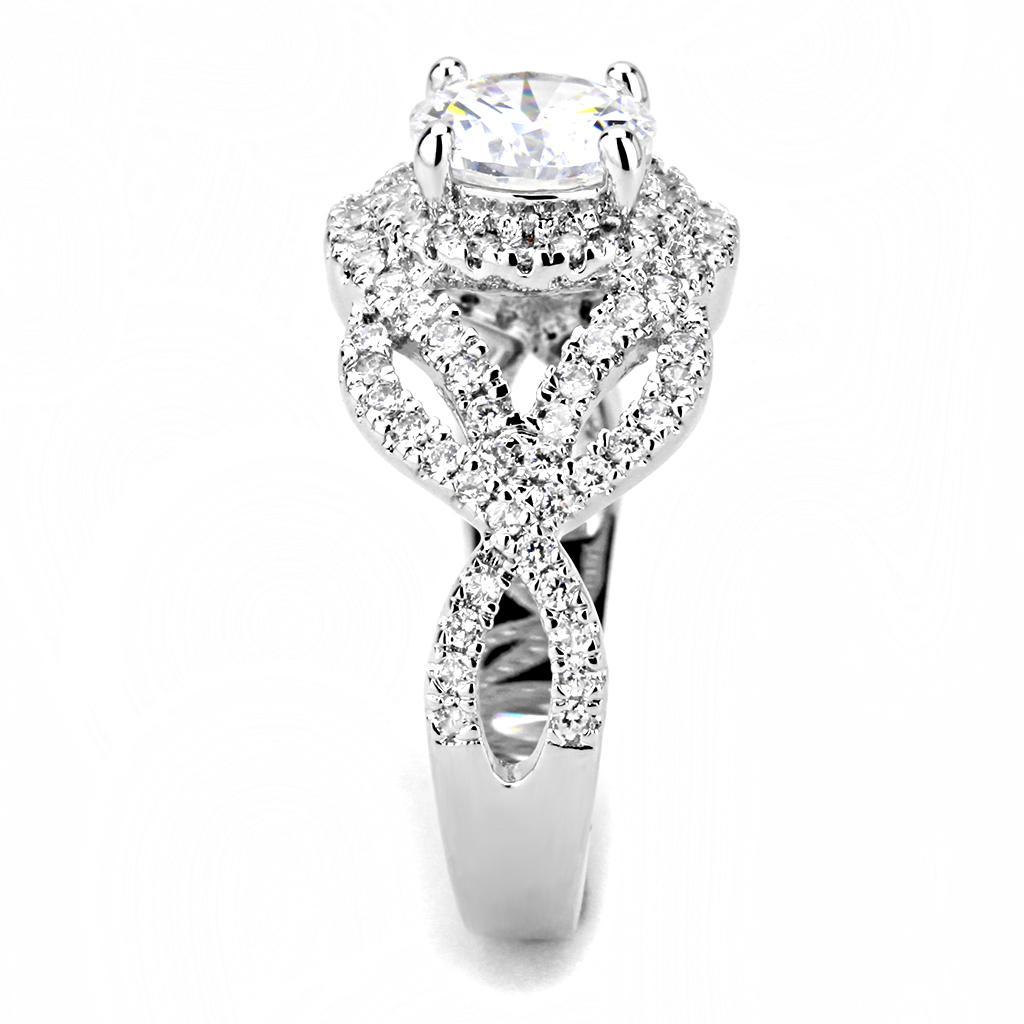 3W1519 Rhodium Brass Ring featuring a clear AAA Grade CZ stone, elegantly designed with a shiny finish.