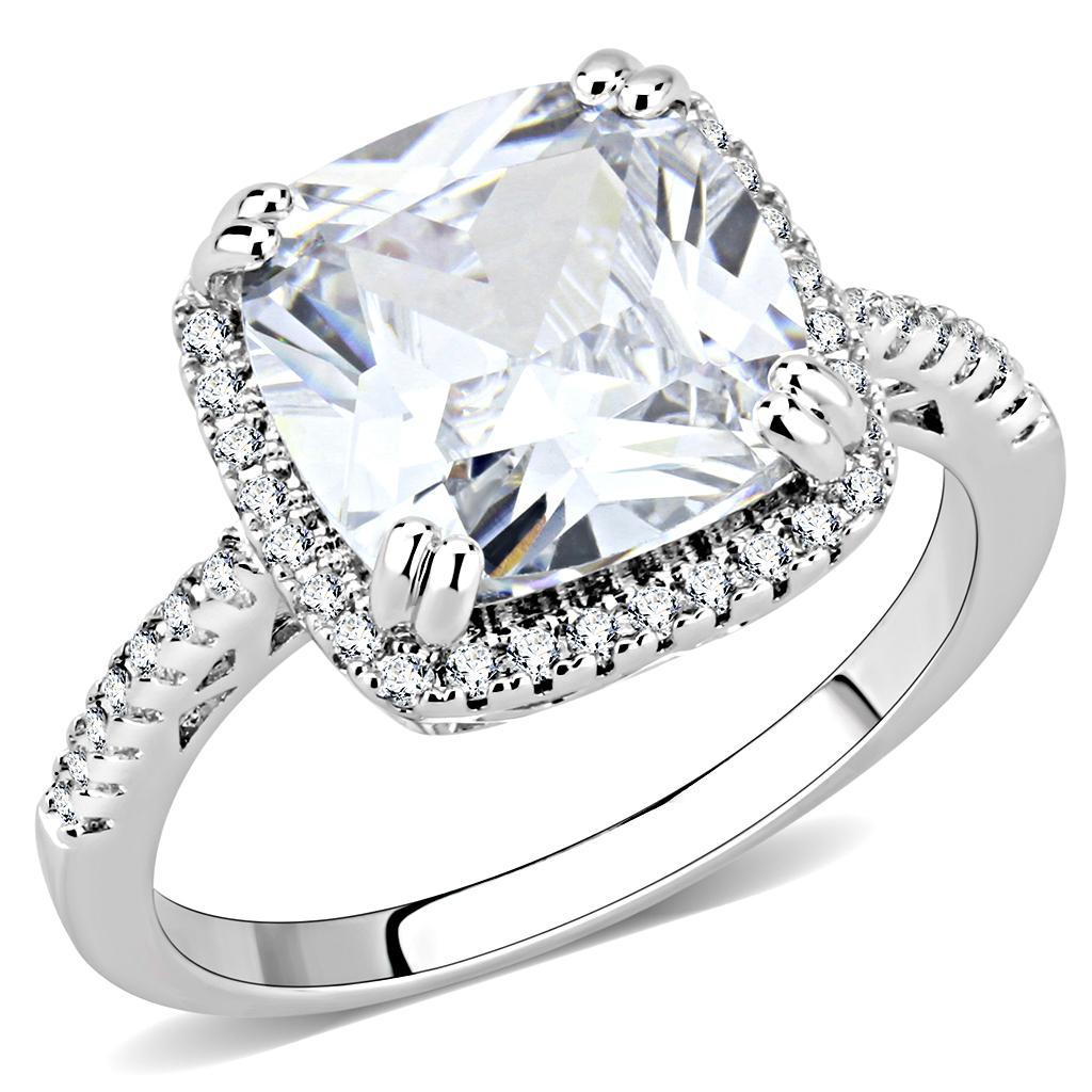 3W1522 Rhodium Brass Ring featuring a clear AAA Grade CZ stone, showcasing its elegant design and luxurious finish.