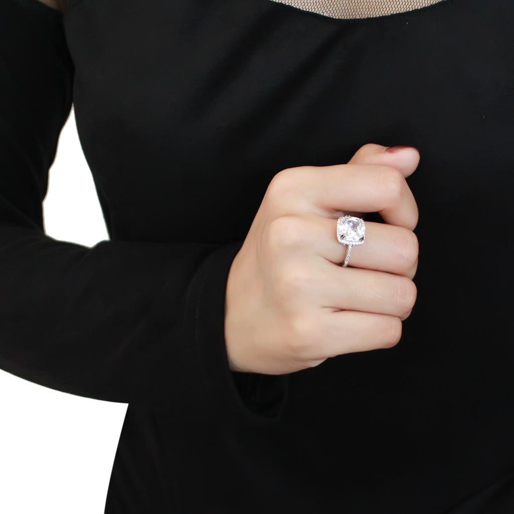 3W1522 Rhodium Brass Ring featuring a clear AAA Grade CZ stone, showcasing its elegant design and luxurious finish.