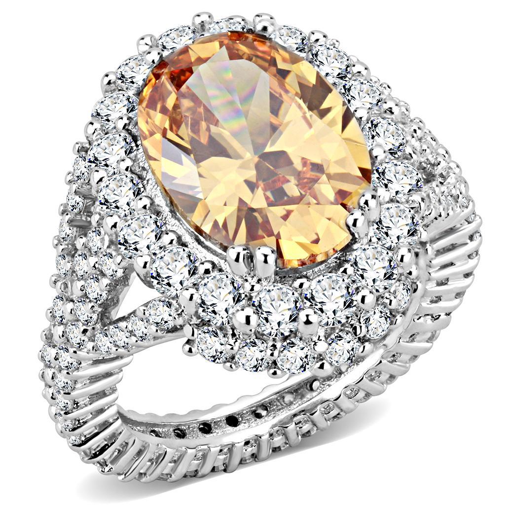3W1523 Rhodium Brass Ring featuring AAA Grade CZ in Champagne color, showcasing its elegant design and sparkling center stone.