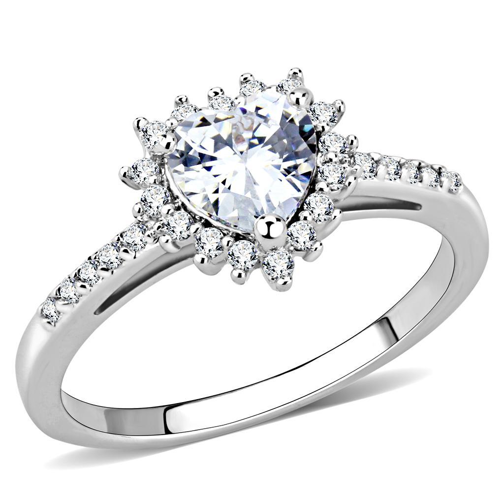 3W1526 Rhodium Brass Ring featuring a clear AAA Grade CZ stone, showcasing its elegant design and shiny finish.
