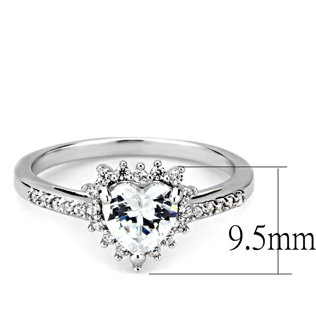 3W1526 Rhodium Brass Ring featuring a clear AAA Grade CZ stone, showcasing its elegant design and shiny finish.