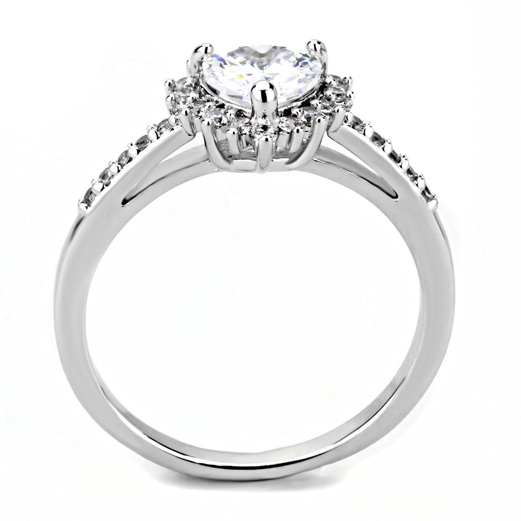 3W1526 Rhodium Brass Ring featuring a clear AAA Grade CZ stone, showcasing its elegant design and shiny finish.