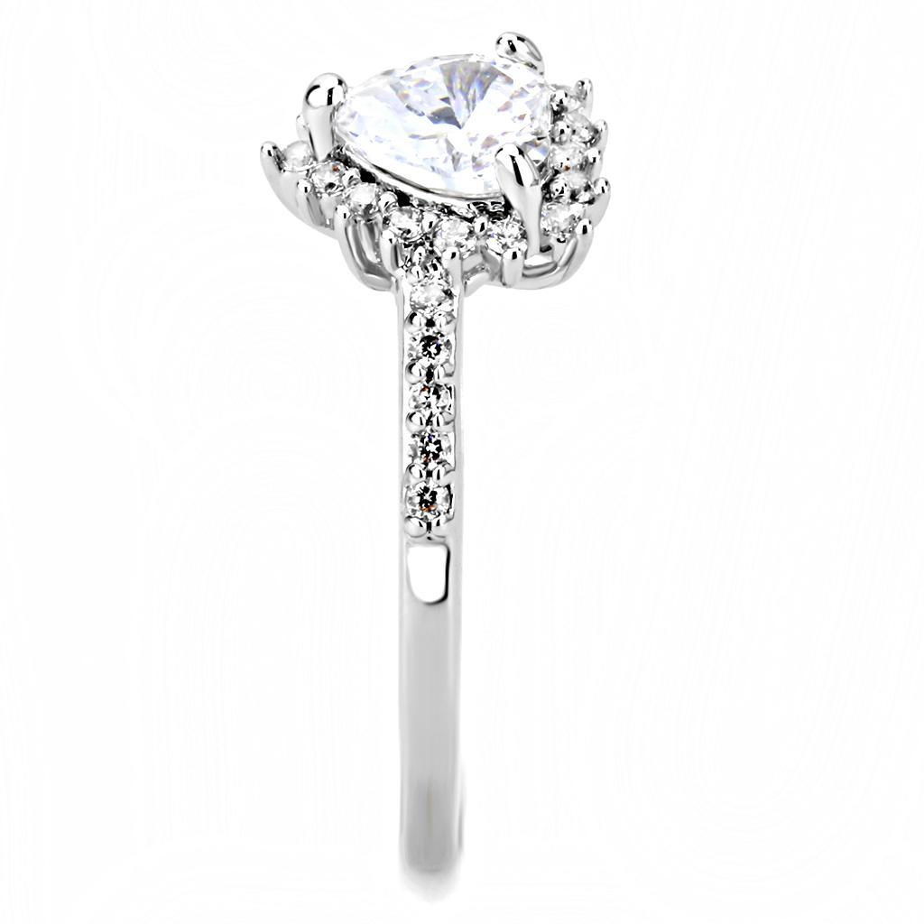 3W1526 Rhodium Brass Ring featuring a clear AAA Grade CZ stone, showcasing its elegant design and shiny finish.