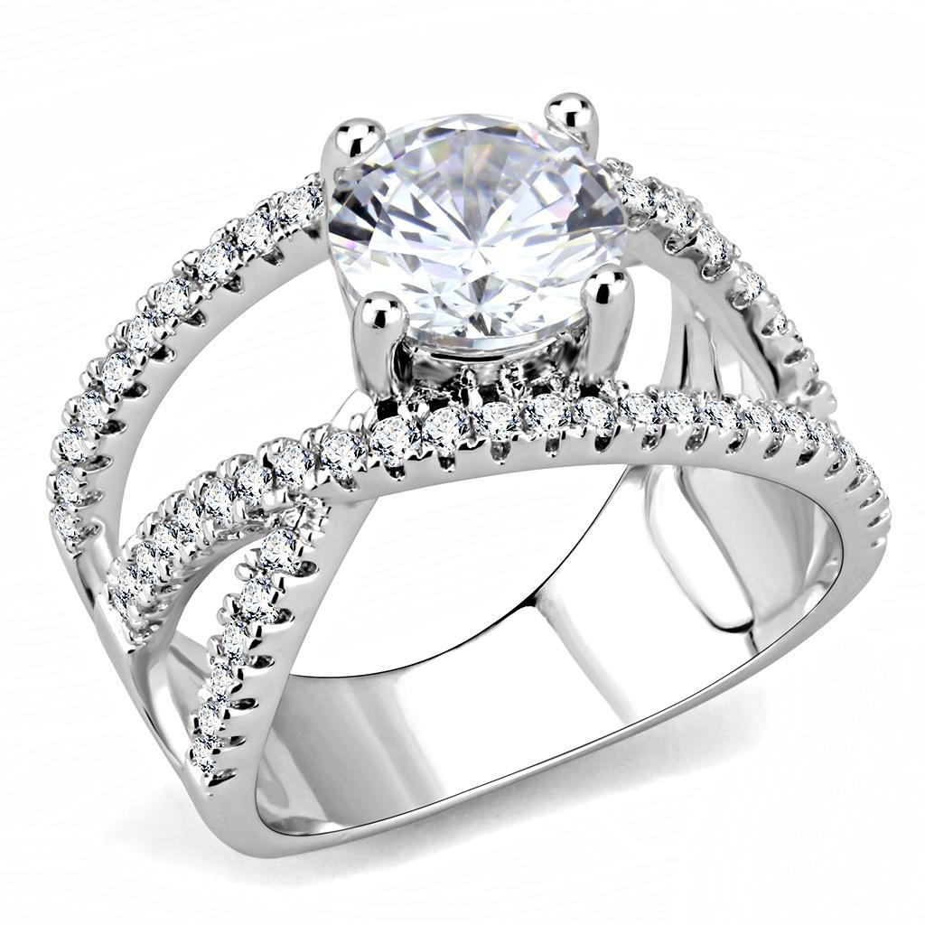 3W1529 Rhodium Brass Ring featuring a clear AAA Grade CZ stone, showcasing its elegant design and shiny finish.