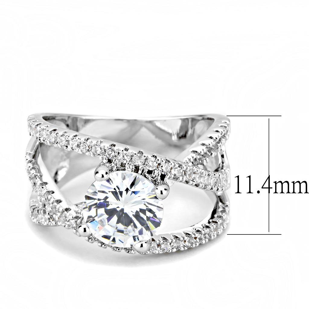 3W1529 Rhodium Brass Ring featuring a clear AAA Grade CZ stone, showcasing its elegant design and shiny finish.