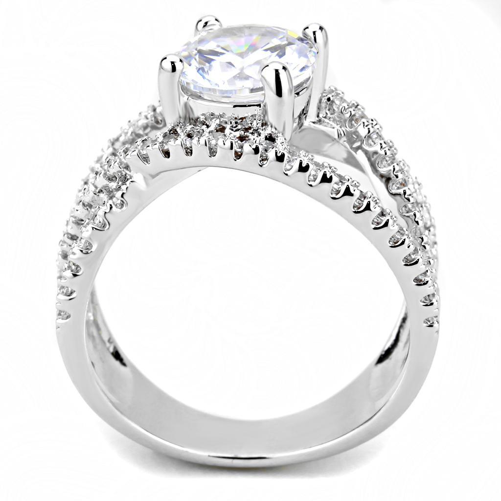 3W1529 Rhodium Brass Ring featuring a clear AAA Grade CZ stone, showcasing its elegant design and shiny finish.