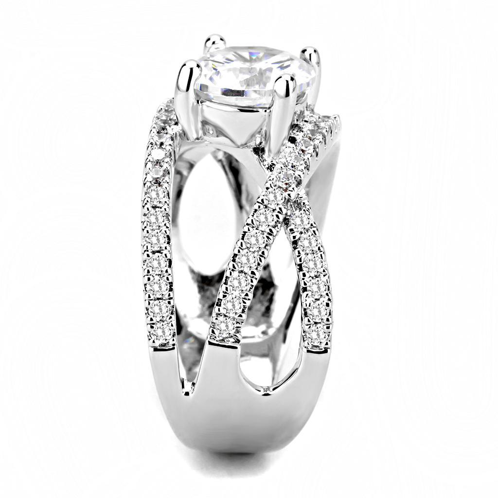 3W1529 Rhodium Brass Ring featuring a clear AAA Grade CZ stone, showcasing its elegant design and shiny finish.