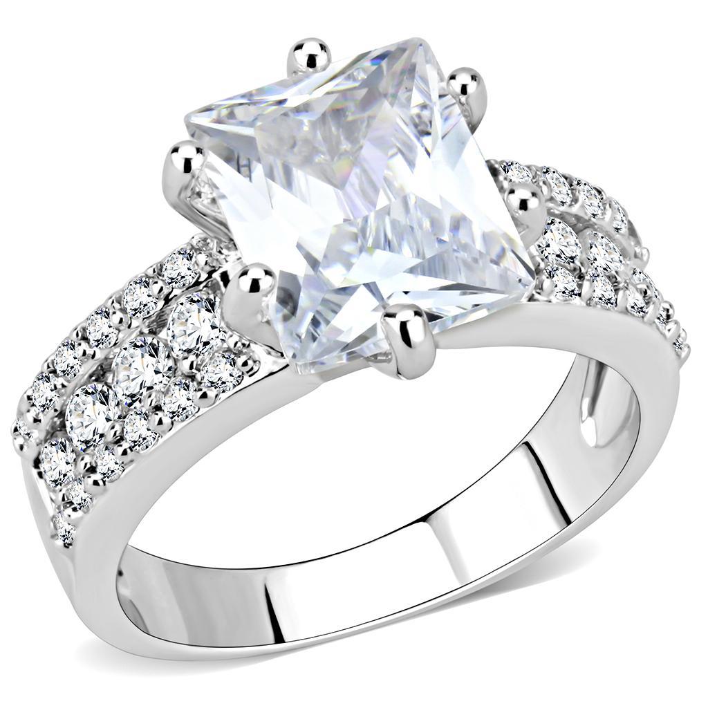 3W1532 Rhodium Brass Ring featuring a clear AAA Grade CZ center stone, showcasing its elegant design and luxurious finish.