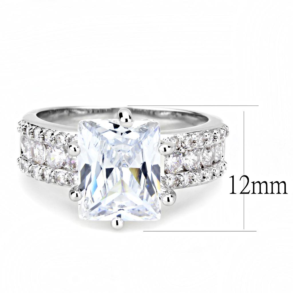 3W1532 Rhodium Brass Ring featuring a clear AAA Grade CZ center stone, showcasing its elegant design and luxurious finish.